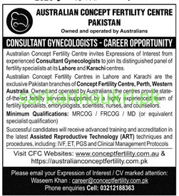 Australian Concept Fertility Centre Pakistan — Consultant Gynecologists Career Opportunity