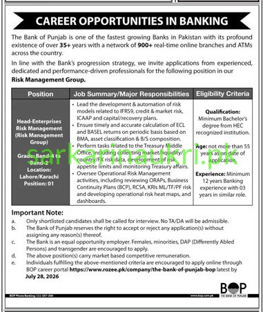 Bank of Punjab Careers 2026: Head-Enterprise Risk Management Position in Lahore/Karachi