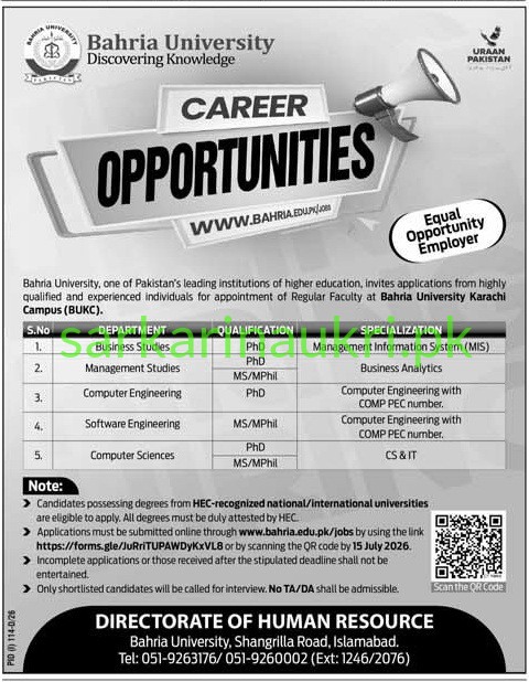 Bahria University Karachi Jobs 2026 – Faculty Vacancies in Business, Computer & Software Engineering (Apply at bahria.edu.pk/jobs)