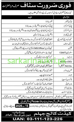 Cadet College Jhelum | Jobs 2026 | Staff Required (Male Only — Urgent)