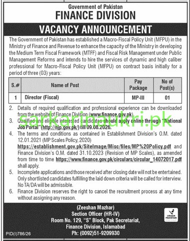 Government of Pakistan | Finance Division | Jobs 2026 | Apply Online for Director (Fiscal)