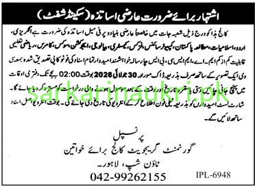 Government Graduate College for Women Township Lahore Jobs 2026 – Temporary Teachers Required (Second Shift)