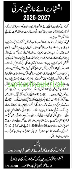 Government Graduate College Baghbanpura Lahore Jobs 2026-2027 – Temporary/Work-Charge Basis Recruitment