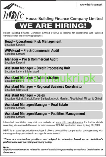 House Building Finance Company Limited (HBFC) | Jobs 2026 | Apply Online for Head Operational Risk Management, AVP/Head Pre & Commercial Audit, Manager, Assistant Manager and Others