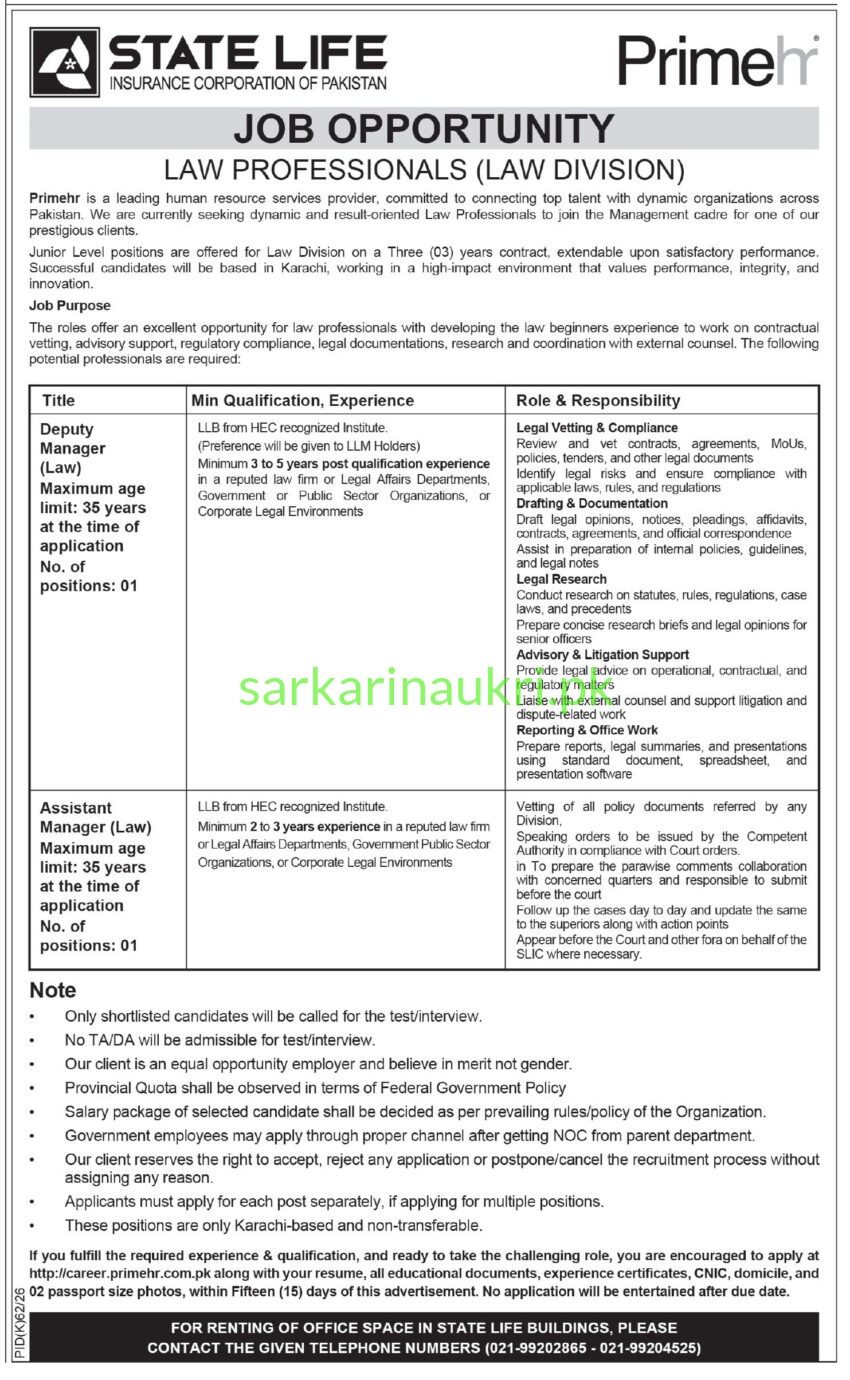 State Life Insurance Jobs 2026 – Deputy Manager & Assistant Manager (Law) Vacancies in Karachi (Apply Online at career.primehr.com.pk)