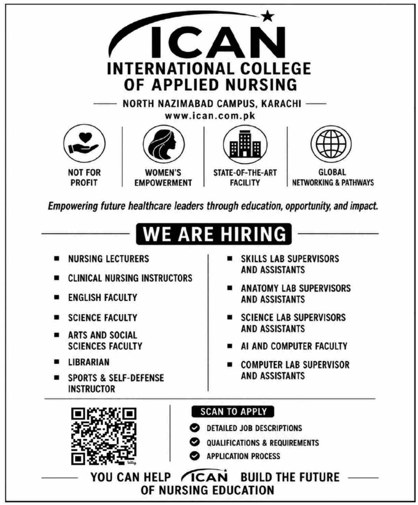 ICAN Karachi Recruitment 2026: International College of Applied Nursing Faculty & Staff Jobs