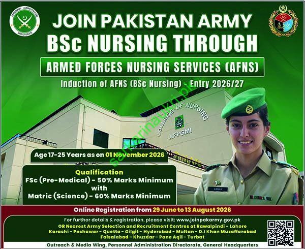 Join Pakistan Army BSc Nursing 2026: Armed Forces Nursing Services (AFNS) Registration Open