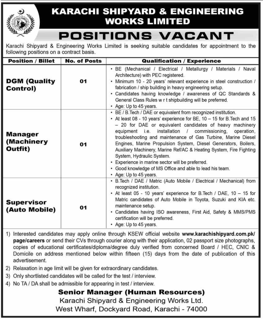 Karachi Shipyard and Engineering Works KSEW Jobs 2026: Manager & Supervisor Positions Apply Online