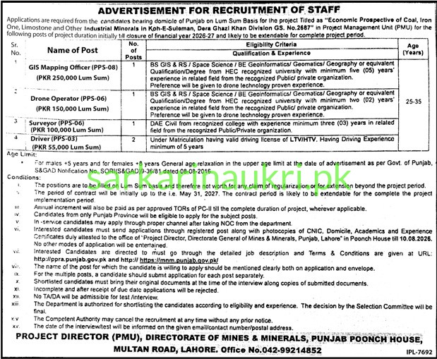 Directorate General of Mines & Minerals, Punjab | PMU Jobs 2026 | Apply for GIS Mapping Officer, Drone Operator, Surveyor & Driver