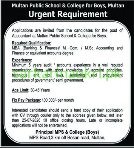 Multan Public School & College for Boys: Urgent Requirement for Accountant