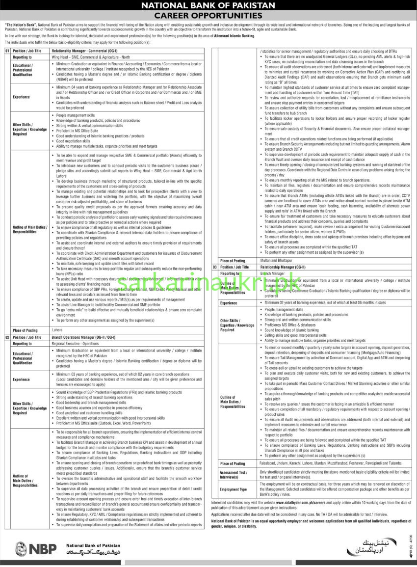 NBP Jobs 2026 – National Bank of Pakistan Aitemaad Islamic Banking Career Opportunities (Apply Online at sidathyder.com.pk/careers)