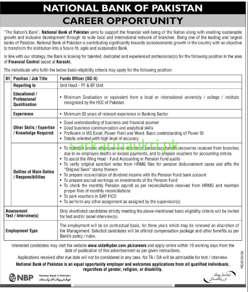 NBP Jobs 2026 – National Bank of Pakistan Career Opportunity for Funds Officer in Karachi (Apply Online at sidathyder.com.pk/careers)