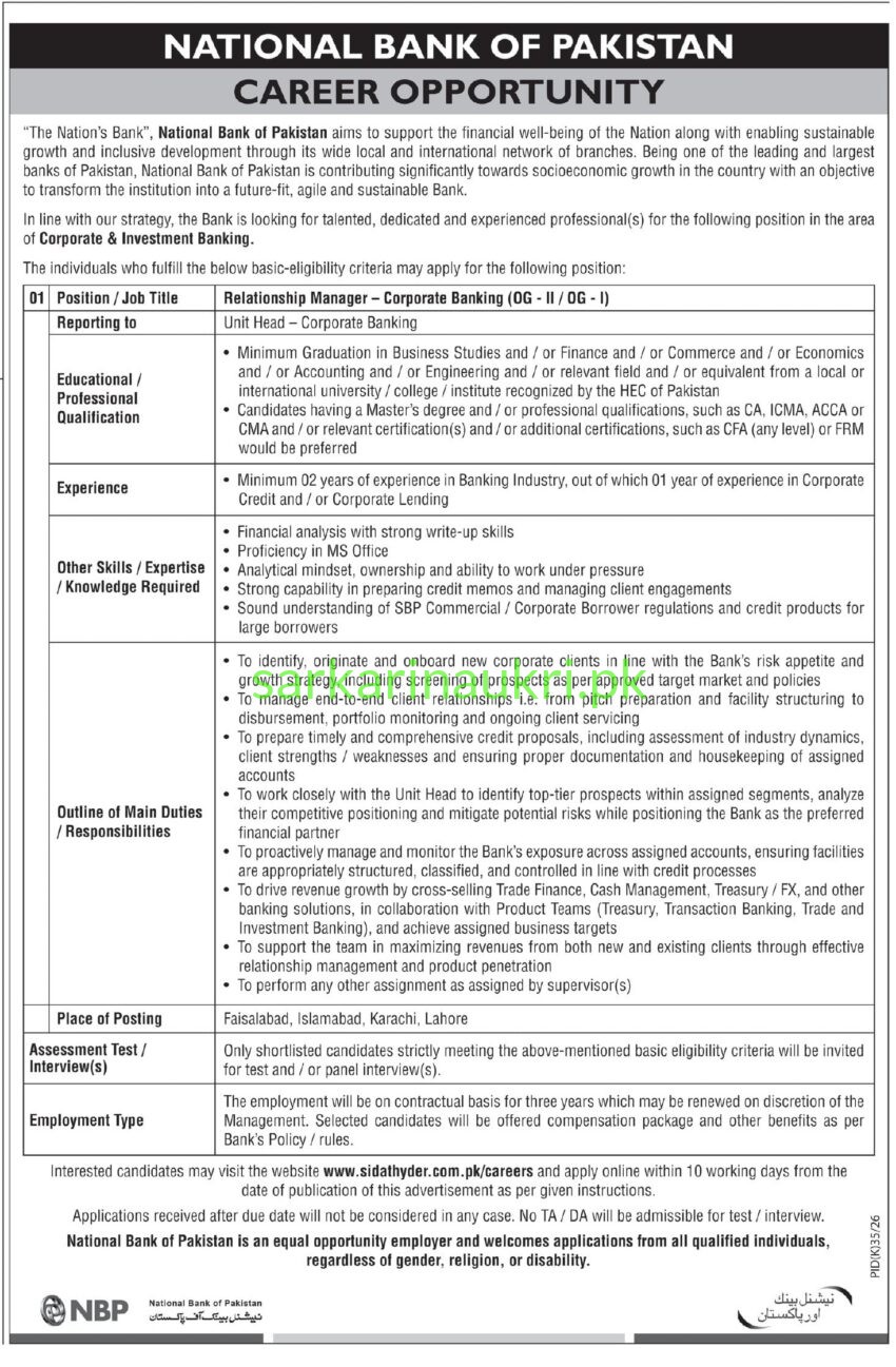 NBP Jobs 2026 – National Bank of Pakistan Hiring Relationship Manager Corporate Banking (Apply Online at sidathyder.com.pk/careers)