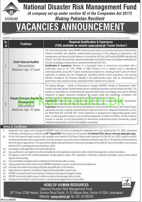 National Disaster Risk Management Fund | NDRMF Jobs 2026 | Apply Online for Chief Internal Auditor, Deputy Manager Gender & Development and Others