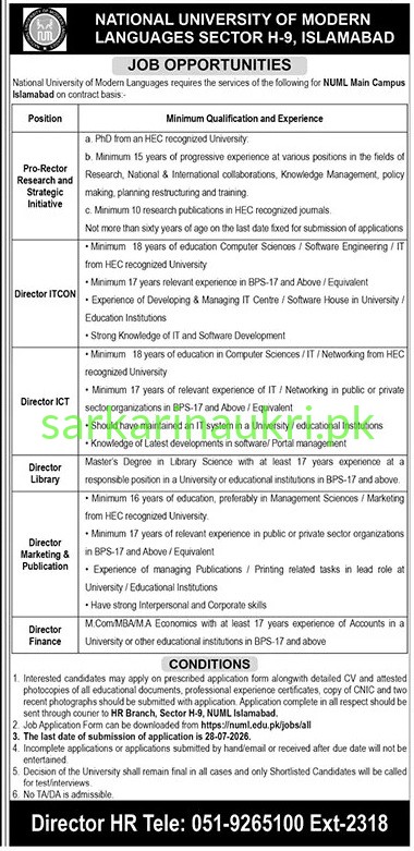 NUML Islamabad Jobs 2026: Director & Pro-Rector Positions at National University of Modern Languages