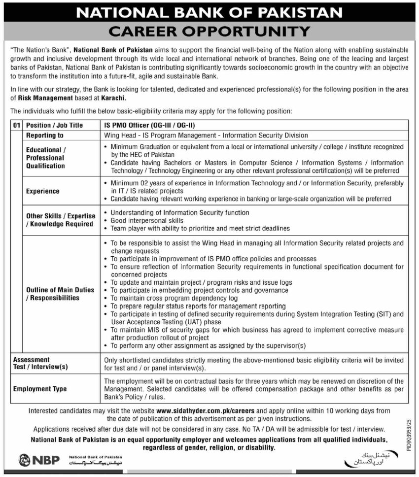 National Bank of Pakistan (NBP) Jobs 2026 – Apply Online for IS PMO Officer