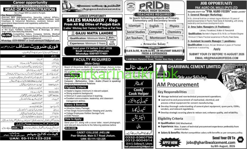 Multiple Companies | Jobs 2026 | Apply Online for Head of Administration, Sales Manager, Faculty, Teachers, Procurement & Other Staff Positions