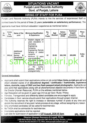Punjab Land Records Authority | PLRA Jobs 2026 | Apply Online for Additional Director Survey & Geospatial Engineering