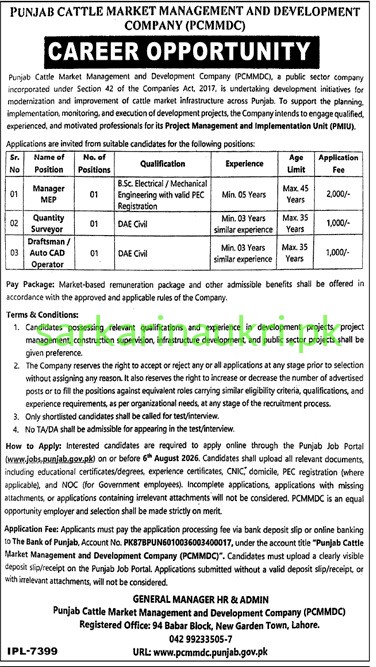 Punjab Cattle Market Management and Development Company (PCMMDC) — Career Opportunity