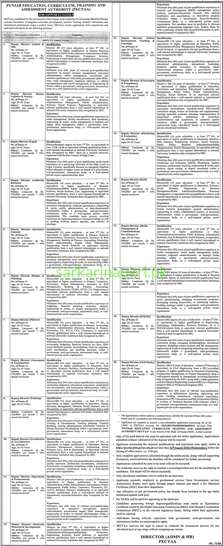 Punjab Education, Curriculum, Training and Assessment Authority (PECTAA) | Jobs 2026 | Apply Online for Deputy Director