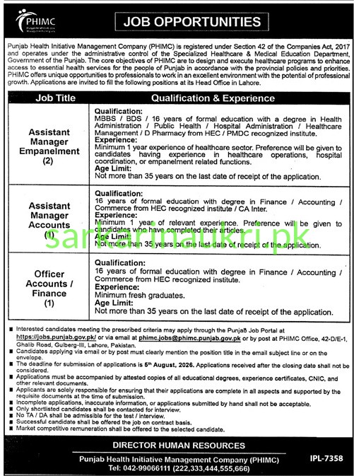 Punjab Health Initiative Management Company (PHIMC) — Job Opportunities