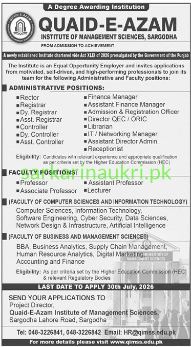 Quaid-E-Azam Institute of Management Sciences (QIMSS), Sargodha — Career Opportunities