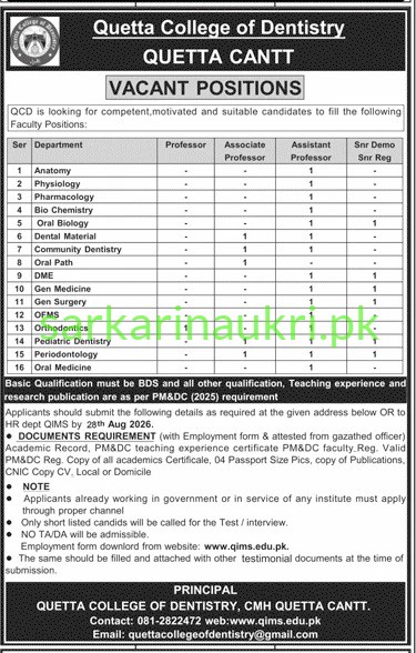 Quetta College of Dentistry (QCD), CMH Quetta Cantt | Jobs 2026 | Apply Online for Faculty Positions