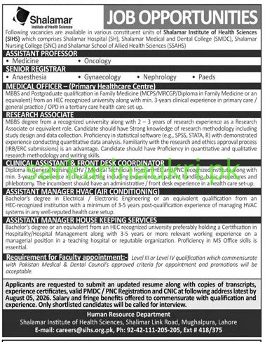 Shalamar Institute of Health Sciences (SIHS) | Jobs 2026 | Apply Online for Multiple Faculty & Staff Positions