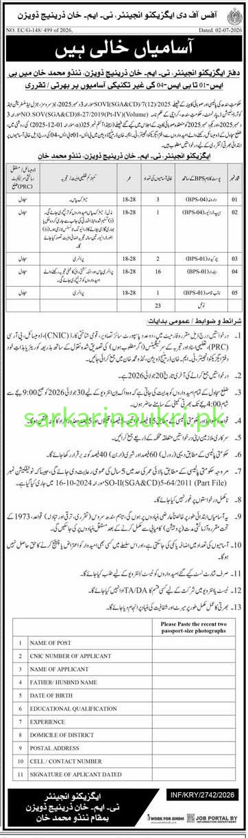 Irrigation Department Sindh Jobs 2026 – Driver, Chowkidar, Beldar & Mali Vacancies in Nindo Muhammad Khan