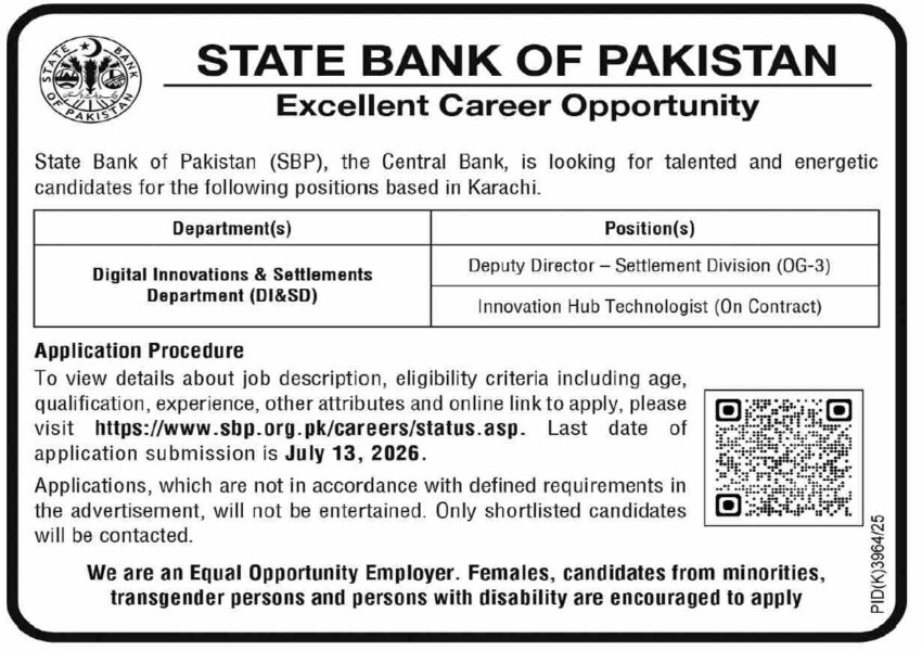 State Bank of Pakistan Jobs 2026: SBP Career Opportunities for Deputy Director & Technologist