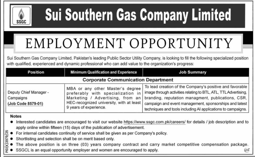 SSGC Recruitment 2026: Sui Southern Gas Company Deputy Chief Manager Job Advertisement