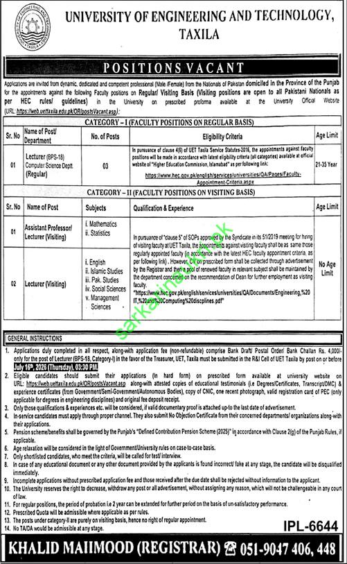 UET Taxila Faculty Jobs 2026 University of Engineering and Technology