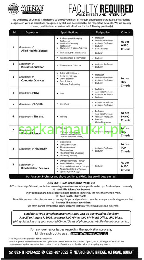 The University of Chenab | Jobs 2026 | Apply Online for Faculty Positions (Walk-In Test and Interview)