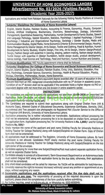 University of Home Economics, Lahore | UHE Jobs 2026 | Apply Online for Visiting Faculty Positions — Academic Year 2026-2027