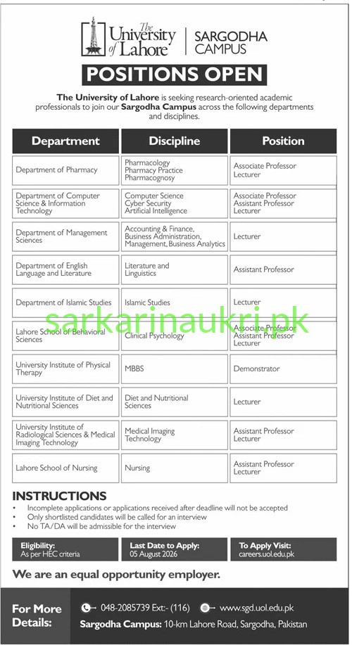 The University of Lahore Jobs 2026 for Sargodha Campus