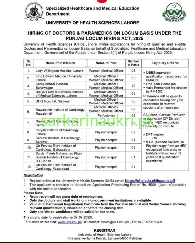 University of Health Sciences (UHS) Lahore Jobs 2026 – Hiring of Doctors & Paramedics on Locum Basis