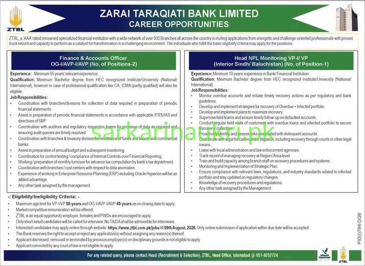 Zarai Taraqiati Bank Limited | ZTBL Jobs 2026 | Apply Online for Finance & Accounts Officer, Head NPL Monitoring VP-I/VP