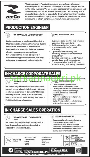 ZeeGo Electric Vehicles | Jobs 2026 | Apply Online for Production Engineer, In-Charge Corporate Sales, In-Charge Sales Operation