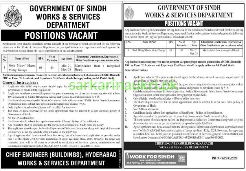 Works & Services Department Sindh Jobs 2026: New Openings for Work Mistry (Hyderabad & Karachi Buildings)