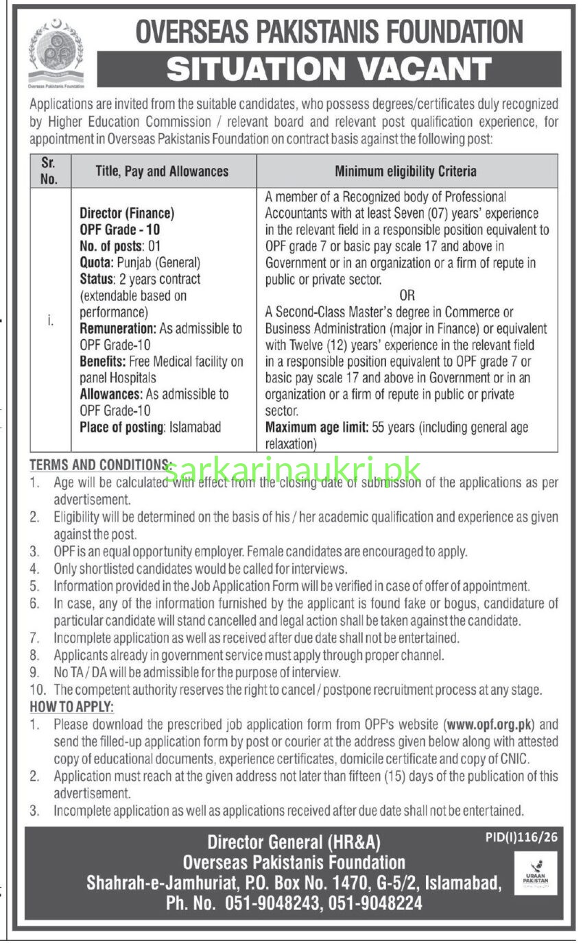 OPF Jobs 2026 – Overseas Pakistanis Foundation Hiring Director Finance in Islamabad (Apply at www.opf.org.pk)