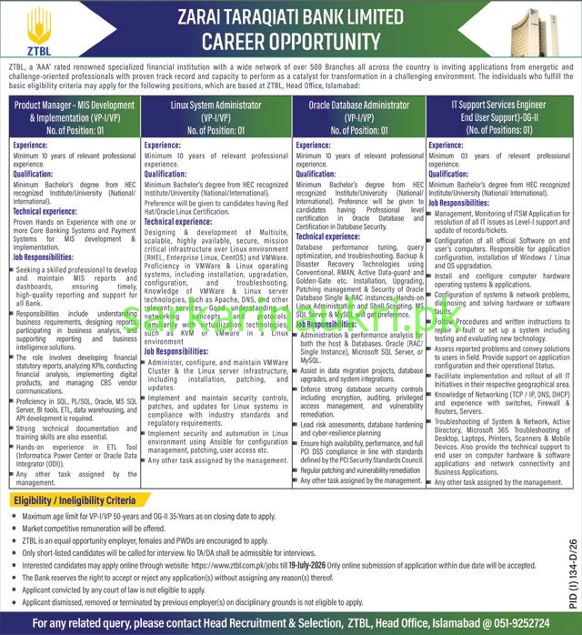 ZTBL Jobs 2026 – Zarai Taraqiati Bank Limited Career Opportunities in Islamabad (Apply at ztbl.com.pk/jobs)