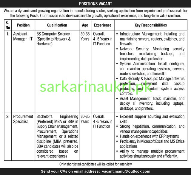 Manufacturing Company Jobs 2026 – Assistant Manager IT & Procurement Specialist Vacancies