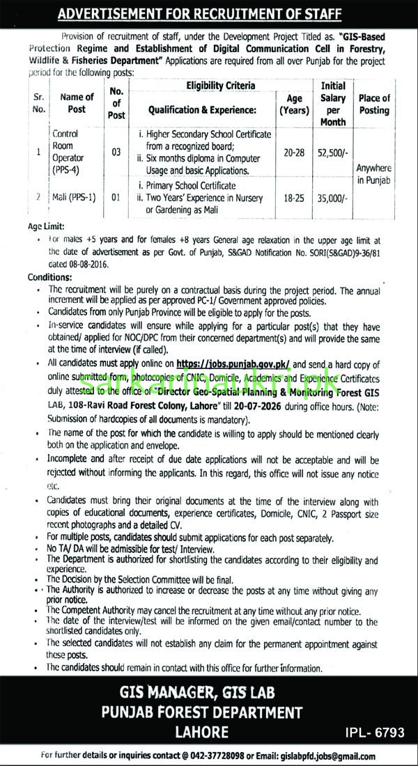Punjab Forest Department Jobs 2026 – Control Room Operator & Mali Vacancies (Apply at jobs.punjab.gov.pk)