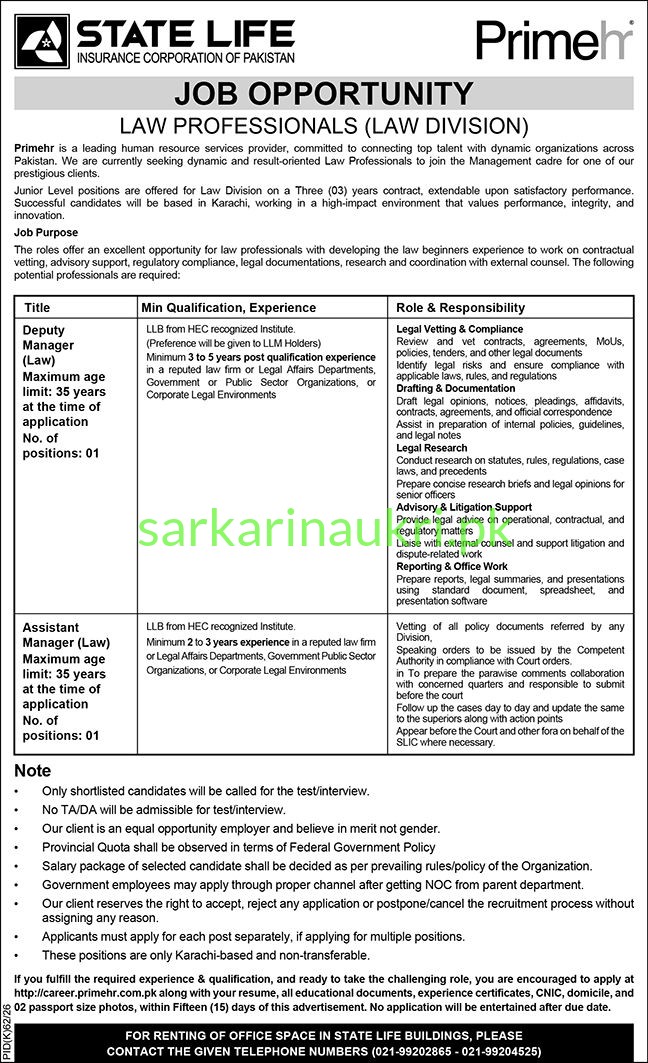 State Life Insurance Jobs 2026 – Deputy Manager & Assistant Manager (Law) Vacancies in Karachi (Apply Online at career.primehr.com.pk)