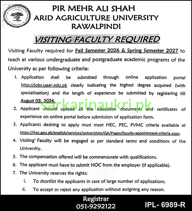 PMAS Arid Agriculture University Rawalpindi Jobs 2026 – Visiting Faculty Recruitment