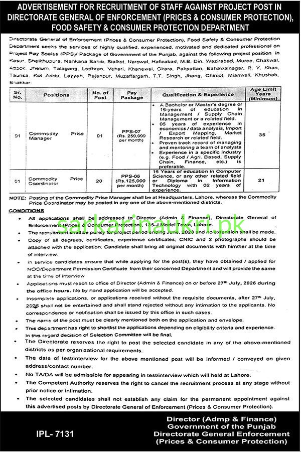 Punjab Food Safety & Consumer Protection Department Jobs 2026 | Project Staff Recruitment