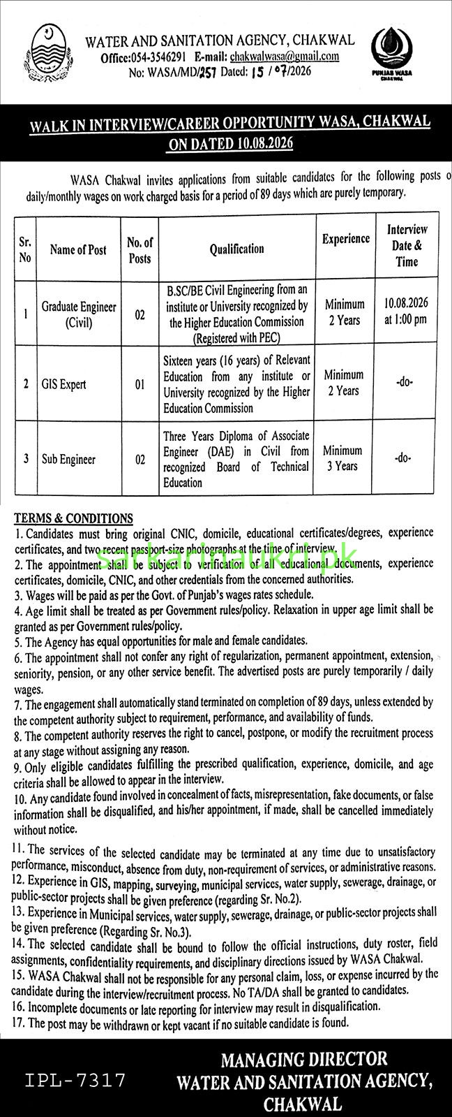 WASA Chakwal Jobs 2026 – Walk-In Interview for Graduate Engineer, GIS Expert & Sub Engineer on 10 August 2026