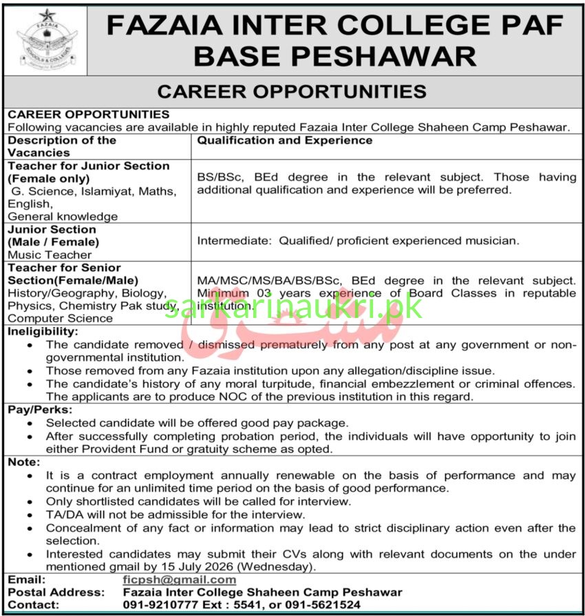 Fazaia Inter College PAF Base Peshawar Jobs 2026: Teaching Vacancies Announced