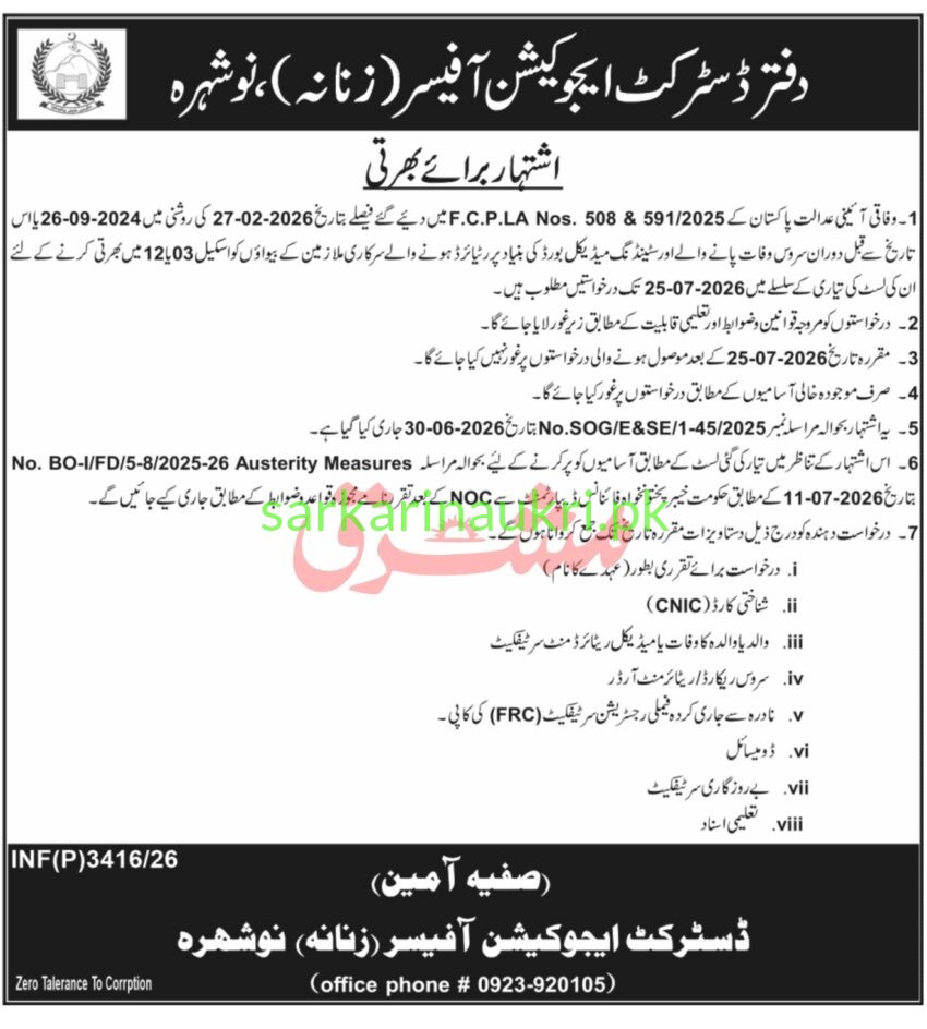 DEO Female Nowshera Jobs 2026 – Apply Under Deceased & Medical Invalidation Quota