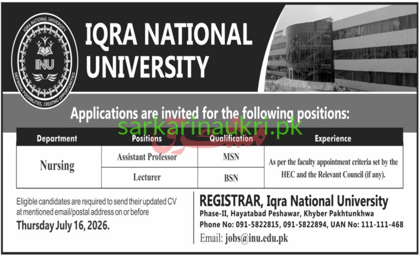Iqra National University Jobs 2026 – Assistant Professor & Lecturer Required (Nursing Department)